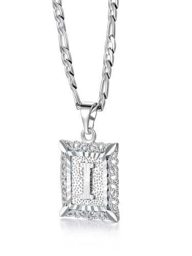 U7 Initial Letter Necklace for Men Women, 14K Gold/Silver Plated Square Capital Monogram Pendant Necklace from A-Z with 22+2 Inch Figaro Chain, Personalized Jewelry for Him - color: Silver, style: I