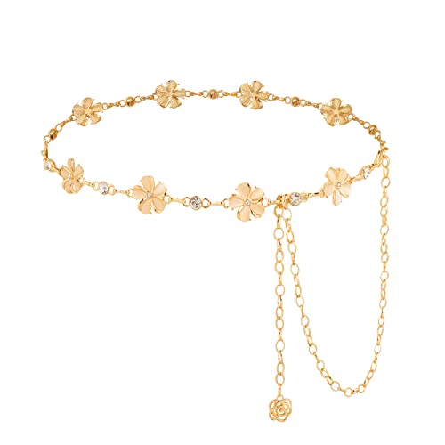 WELROG Metal Waist Chain Belt for Women - Pearls Gold Silver Chain Belts for Dresses Jeans - color: FLower - Gold