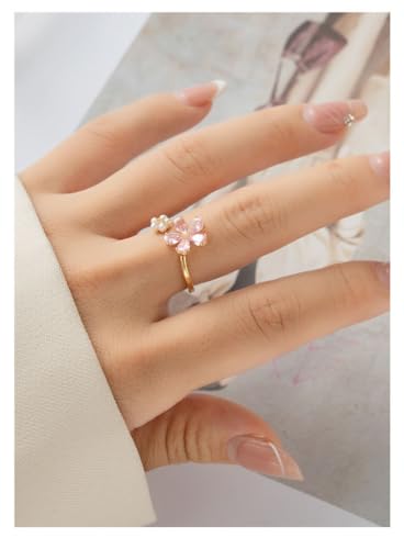 Kokoma Dainty Flower Ring for Women Sparkling Cubic Zirconia Daisy Open Statement Rings Pearl Chic Engagement Promise Ring Wrap Finger Band - color: Pink