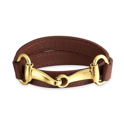 Genuine Leather Black Orange Red Equestrian Snaffle Horse Bit Wrap Bracelet - color: Brown