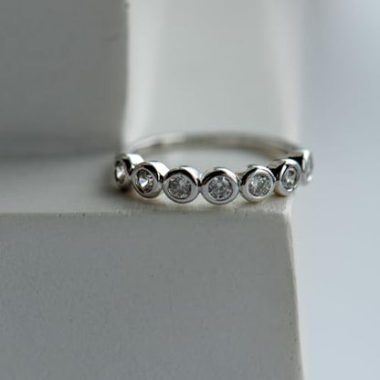 espere Womens Bezel Set Wedding Band | 14K Gold Plated Round Cut CZ Half Eternity Wedding Ring - color: Silver; Half Eternity Bezel Set