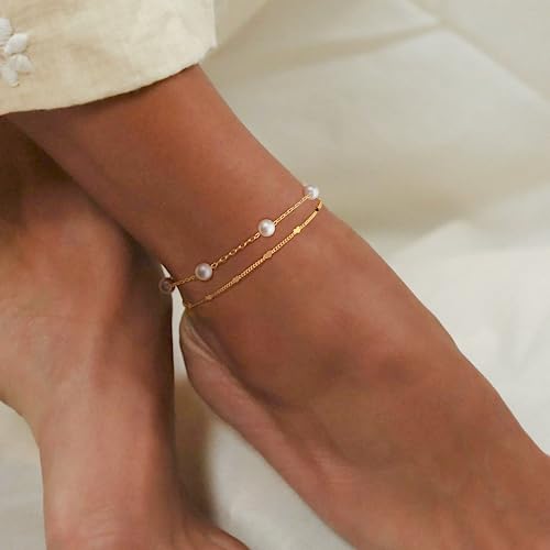 Gold/Sterling Silver Anklet Bracelets for Women Waterproof, Non Tarnish 925 Sterling Sliver Plated Heart Evileye Butterfly Charm, Dainty Summer Beach Anklets for Women, Beach Vacation Bikini Outfits for Her Mom - style: Pearl-Gold
