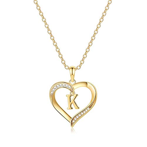 Yesteel Heart Initial Necklaces for Women, 14K Gold Plated Cubic Zirconia Heart Pendant Necklace, Dainty Initial Charm Necklace Letter A to Z Jewelry for Women Girls - style: K