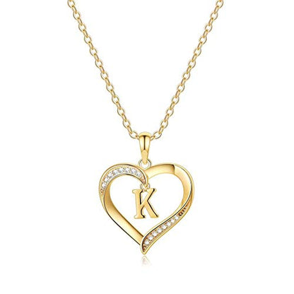 Yesteel Heart Initial Necklaces for Women, 14K Gold Plated Cubic Zirconia Heart Pendant Necklace, Dainty Initial Charm Necklace Letter A to Z Jewelry for Women Girls - style: K