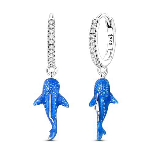 925 Sterling Silver Dangle Whale Shark Butterfly Bow Earrings for Women | Hypoallergenic Huggie Hoop Drop Cross Earrings for Sensitive Ears, Cubic Zirconia Statement Trendy Jewelry Birthday Gifts - color: Blue Whale Shark Earrings
