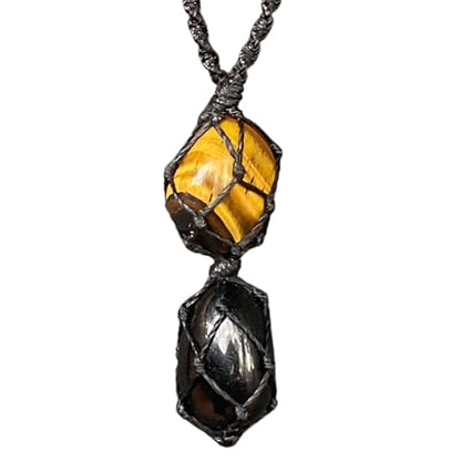 Handmade Black Tourmaline & Tiger Eye Crystal Necklace, Natural Gemstone Macrame Pendant for Men and Women, Protection & Stability Jewelry