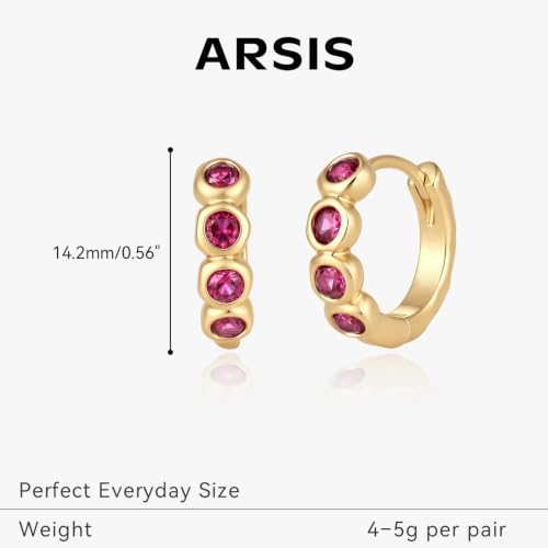 ARSIS Bubble Huggie Hoop Earrings for Women with Cubic Zirconia, Platinum/18K Gold Plated Bezel Hoop Earrings with Opal, Hypoallergenic Lightweight Jewelry, Clear/Ruby/Emerald Green/Aqua/Sapphire/Pink - color: Ruby Red