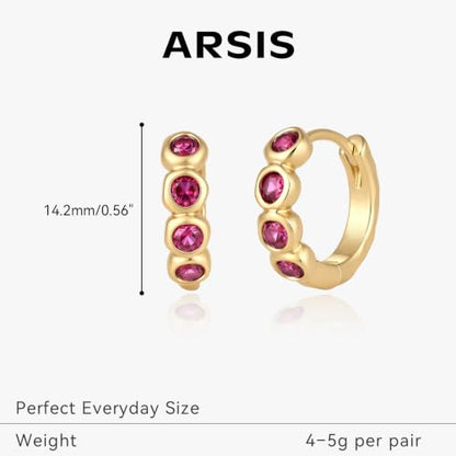 ARSIS Bubble Huggie Hoop Earrings for Women with Cubic Zirconia, Platinum/18K Gold Plated Bezel Hoop Earrings with Opal, Hypoallergenic Lightweight Jewelry, Clear/Ruby/Emerald Green/Aqua/Sapphire/Pink - color: Ruby Red