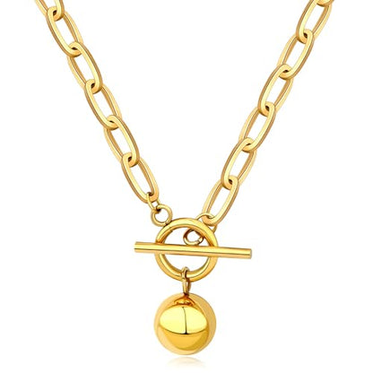 Chunky Gold Necklace for Women, 18K Waterproof Heart Necklace Statement Necklace Gold Charm Necklace Chunky Jewelry Paperclip Chain Choker Gift for Women - style: Golden Ball