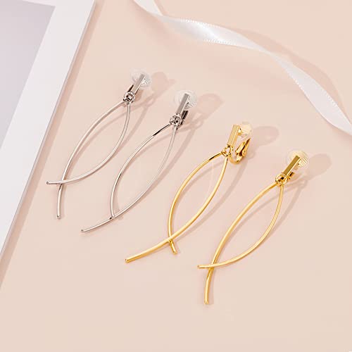 CLASSYZINT New Clip On Earrings,2 Pieces Thin Curve Bar,Long Dangle Earrings For Women