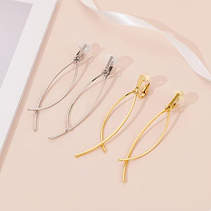 CLASSYZINT New Clip On Earrings,2 Pieces Thin Curve Bar,Long Dangle Earrings For Women