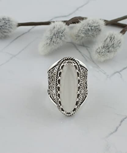 Filigranist 925 Sterling Silver Handcrafted Filigree Art Women Oval Boho Statement Ring with Gemstones, Gift Boxed - color: Mother of Pearl, size: 10.5
