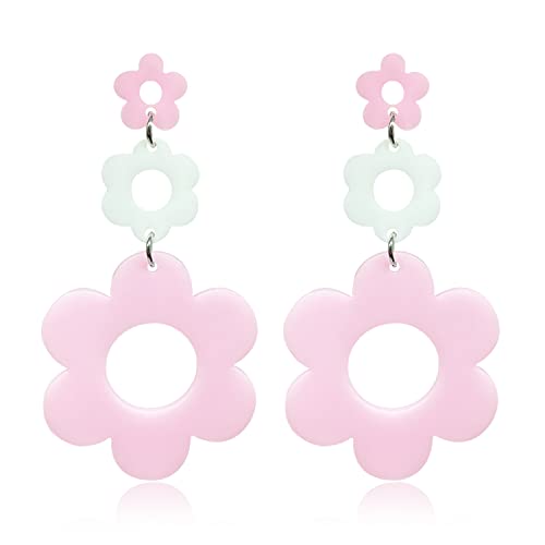 Handmade Acrylic Flower Earrings - Bohemian Double Daisy Drop Resin Flowers Dangle Earrings for Women Girls 70s 80s Party Accessories - color: pink
