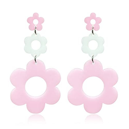 Handmade Acrylic Flower Earrings - Bohemian Double Daisy Drop Resin Flowers Dangle Earrings for Women Girls 70s 80s Party Accessories - color: pink