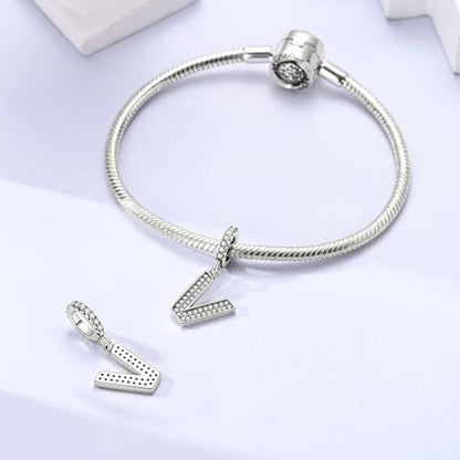 Hapour Letter 925 Sterling Silver Charm with Cubic Zirconia Alphabet A-Z Initial Dangle Charms Beads Pendent DIY Jewelry for Bracelets Necklace - color: V