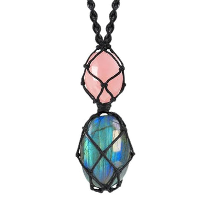 Anjiucc Handmade Crystal Cage Holder with Raw Gemstone Pendant Necklace Natural Stone Healing Crystal Necklace Adjustable Length - color: Labradorite+Rose Quartz