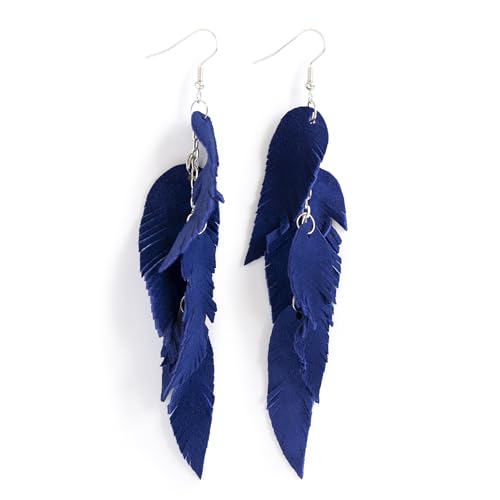 Leather Feather Earrings, Suede layered earrings, boho wedding jewelry, summer earrings, gift for her, dangle earrings - color: dark blue