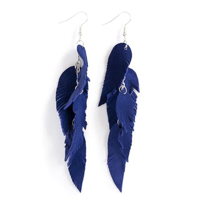Leather Feather Earrings, Suede layered earrings, boho wedding jewelry, summer earrings, gift for her, dangle earrings - color: dark blue