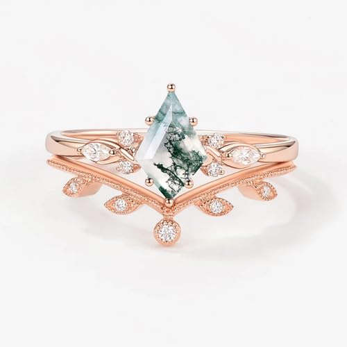 Natural Moss Agate Leafy Vintage Bridal Sets Wedding Rings for Women, 10K 14K 18K Solid Gold Kite-Cut Green Moss Agate and Moissanite Engagement Ring for Women Mother Her Jewelry Gift - color: 11-style11