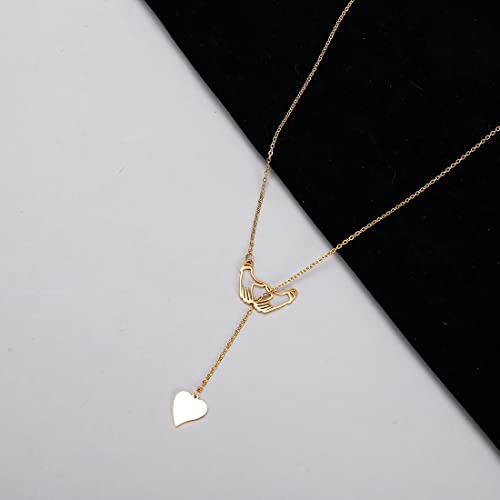 18K Gold Plated Stainless Steel Bee Honeycomb Pendant Necklace, Adjustable Y Lariat Conch/Guitar/Horseshoe Necklace for Women - color: Gold, style: Hand in Hand Heart