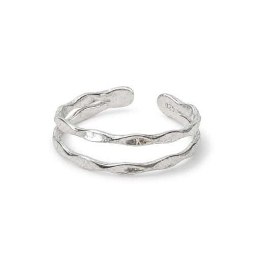 Sterling Silver Toe Ring, Adjustable Open Band, Handmade | Fits Toe, Knuckle or Pinky Ring | One Size Fits Most | Comfortable to Wear | Minimalist Style | Water Resistant - style: Hammered Double-Band