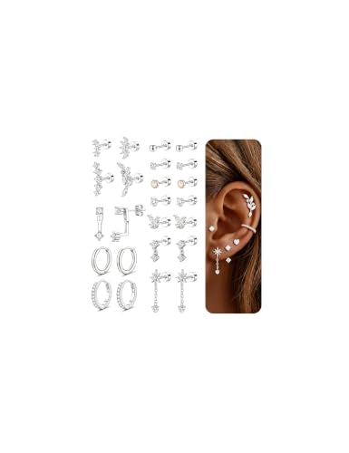 Turandoss 24Pcs Flat Back Earring Stacks, 316L Surgical Steel Earrings | Hypoallergenic Earrings for Sensitive Ears, Small Dainty Earrings Set, Helix Tragus Conch Daith Piercing Jewelry - color: Silver