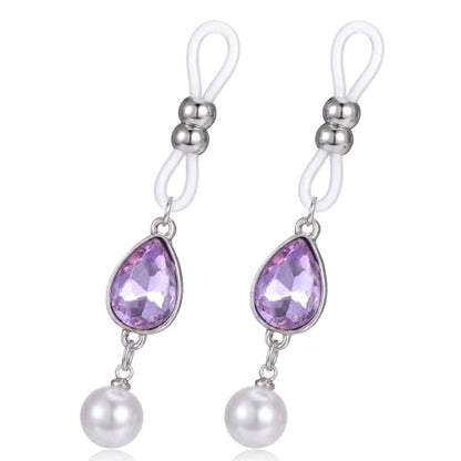 Pearls Nipple Rings Non Piercing, Purple Rhinestone Nipple Clips Adjustable Nipples Jewelry for Women, Non Pierced Pendant Faux Nipples Piercing Body Chains