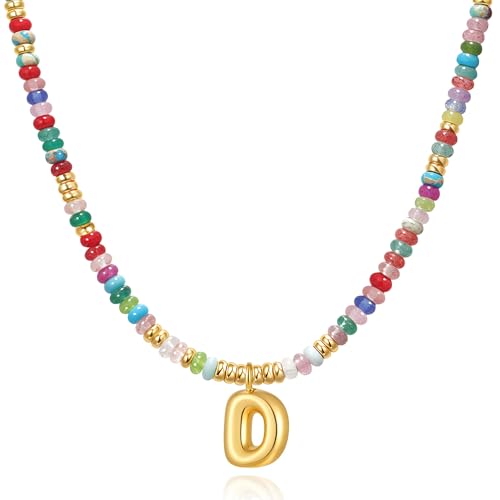 YOUFENG Initial Letter Necklaces for Women Colorful Beaded Gemstone Choker 14K Gold Plated Bubble Letter Pendant Necklace Natural Stone Handmade Jewelry Gift - color: D