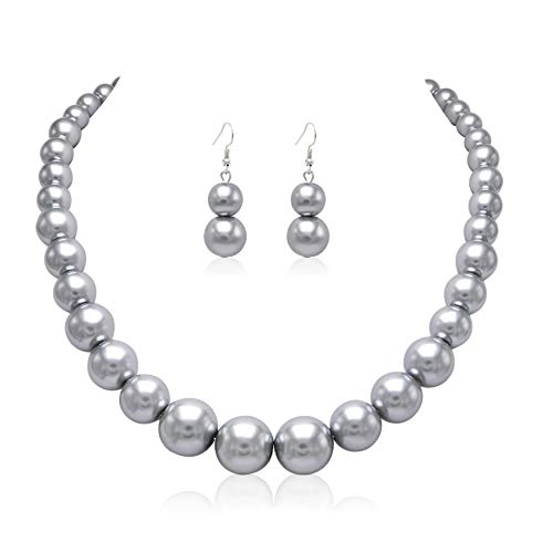 Cryshimmer Pearl Choker Necklace for Women Faux Pearl Beads Strand Necklace Earring Set Costume Jewelry,Gift for Wife Mother - color: Gray