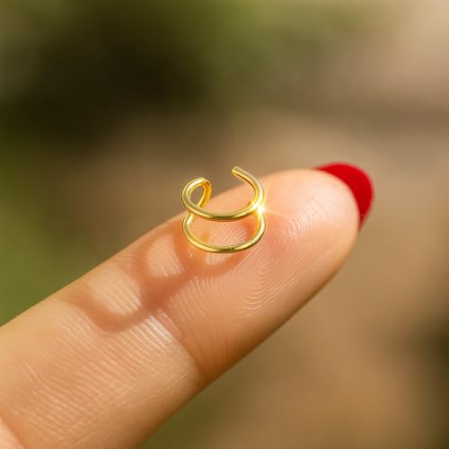 Fake Double Hoop Helix Piercing Ear Cuff - 14K Gold Filled, 925 Sterling Silver, Black Silver Ear Cuffs - Faux Helix Hoop Earring - Clip On Fake Piercing Jewelry - Ear Cuffs Non Piercing - color: 14k Gold