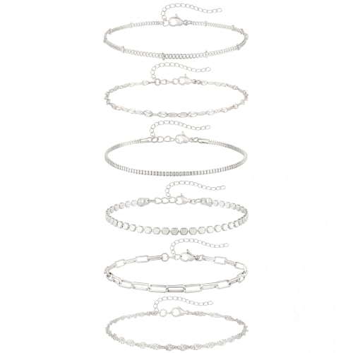 Fesciory 14K Gold Ankle Bracelets for Women, Layered Stackable Anklet Set | 6 Pcs Anklet Set, Layered Ankle Bracelet, Cuban Link Design, Stackable Plus Size, Adjustable Fit, Summer Beach Jewelry - color: Set12-Silver 6Pcs
