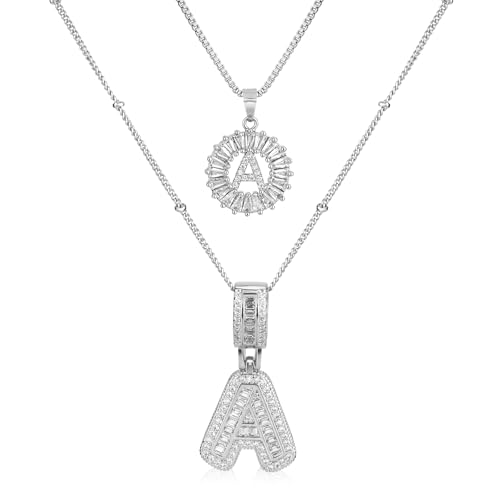 14K Gold Plated Alphabet Necklace Cubic Zirconia Letter Pendant, Personalized Name Jewelry Gift for Women, Customizable A-Z, Birthday/Mothers Day Gifts for Womens - color: White Gold, style: Style-A