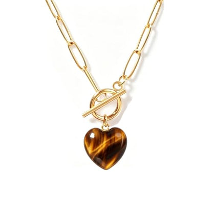 Teardrop CZ Pendant Paperclip Chain Necklace 18K Plated Paperclip Toggle Necklace Jewelry Birthstone Gift for Women - color: Tiger eye
