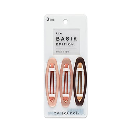 Scunci The Basik Edition Matte Enamel Snap Hair Clips, Secure Hold, Stylish & Lightweight, Neutral Tones, Rose Gold & Brown, 3-Piece Set for All Hair Types, No-Slip Grip, Durable & Comfortable