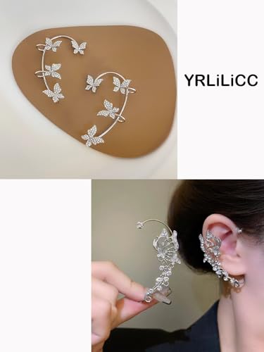 2Pcs Butterfly Ear Cuffs Rhinestone Clip On Earrings | Rhinestone butterfly ear cuffs with non piercing clip on design; silver ear wrap climber jewelry for parties and weddings - style: 2Pair Silver