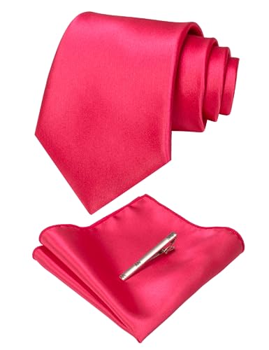 JEMYGINS Mens Solid Color Formal Necktie and Pocket Square, Tie Clip Sets - color: Deep Pink
