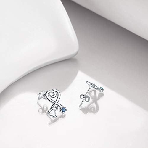Stethoscope Earrings 925 Sterling Silver Heart Studs Earrings 12 Months Birthstone Crystals from Austria, Graduation Jewelry Gifts for Nurse Doctor RN Medical Student - color: Blue