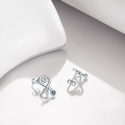 Stethoscope Earrings 925 Sterling Silver Heart Studs Earrings 12 Months Birthstone Crystals from Austria, Graduation Jewelry Gifts for Nurse Doctor RN Medical Student - color: Blue