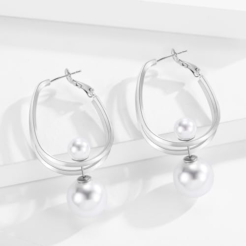 14k Gold Plated Lightweight Pearl Earrings,Trendy Jewelry,Teardrop Hoop Earrings for Women,Pearl Drop Earrings,Elegant Jewelry for Gifts - color: silver pearl