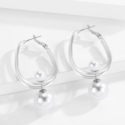 14k Gold Plated Lightweight Pearl Earrings,Trendy Jewelry,Teardrop Hoop Earrings for Women,Pearl Drop Earrings,Elegant Jewelry for Gifts - color: silver pearl