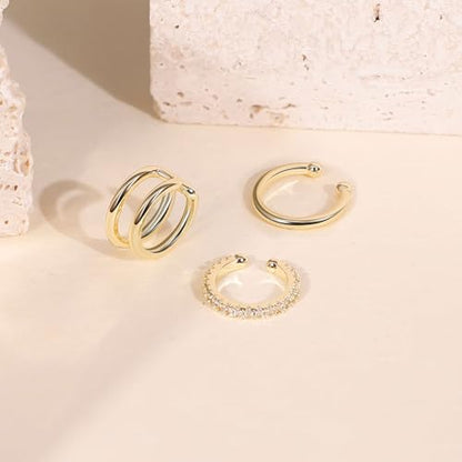 3Pcs 14K Gold Ear Cuff Earrings for Women Adjustable Non Piercing Ear Cuffs Sterling Silver Fake Earrings Clip on Cartilage Earring Ear Cuffs Jewelry - style: Style C-14K Gold