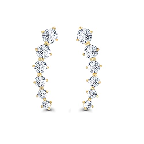 14K Yellow Gold Graduated Round Cut Ear Crawler AAA Cubic Zirconia Stud Earrings