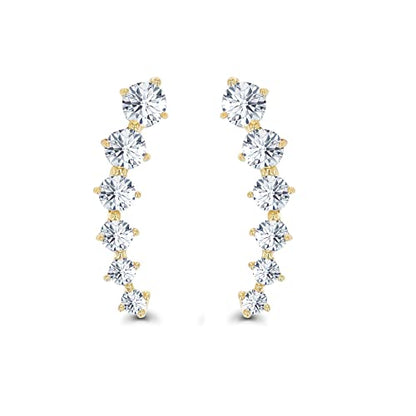 14K Yellow Gold Graduated Round Cut Ear Crawler AAA Cubic Zirconia Stud Earrings