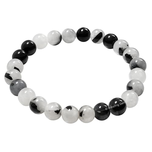 Amazing Gemstone Black Rutilated Quartz Crystal Bracelet for Women Men's Gifts - Protection Healing Crystal Bracelet - 8mm Gemstone Beaded Stretchable Bracelet Pulseras Para Hombres Mujer Stocking Stuffers Mothers Day Gift - color: Black Rutilated Quartz