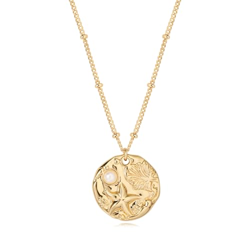 MTMY Gold Starfish Necklace 14K Gold Plated Shell Conch Ocean Pendant Necklace for Women Beach Summer Jewelry - style: pearl starfish