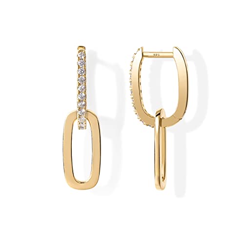 PAVOI 14K Gold Plated Convertible Paperclip Earrings for Women - Trendy Paper Clip Link Huggie Hoop Earrings - Chain Link Drop Dangle Hoops with Cubic Zirconia - Two-Toned Statement Jewelry - style: Cubic Zirconia