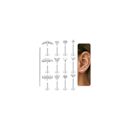 12Pcs 16G/18G Flat Back Cartilage Stud Earrings 18K Gold Plated Helix Stud Earrings for Women 316L Surgical Steel Internally Thread Hypoallergenic Labret Tragus Conch Lip Piercing Jewelry - color: Silver, size: 16G(1.2mm)