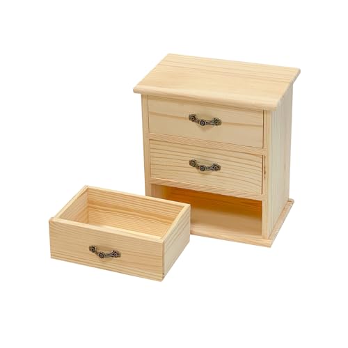 2 Pack Wooden box with 3 Mini Drawers for Jewellery,Unfinished Wood Surface Box, Small Wooden Organizer Storage Box for Arts Crafts DIY Project