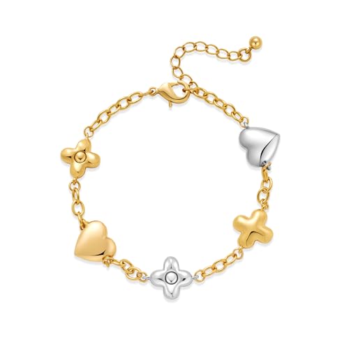 Two Tone Heart Charm Bracelet for Women, Adjustable Cute Bracelets with Heart/Clover Charms, Trendy Love Bracelet for Daily Wear Mixed Metal Jewelry Valentines Day Gift - style: Heart＆Clover