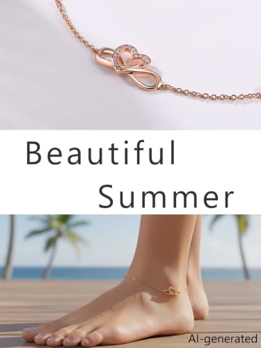 Moissanite Infinity Anklet for Women, Real Authentic 925 Sterling Silver Hypoallergenic, Beautiful Summer Jewelry, Dainty Ankle Bracelet, 8.6-10.6inch (21-26cm) Adjustable - color: Romantic Heart - Rose Gold